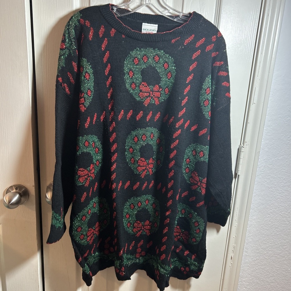 Vintage Holiday Time Vintage Women's Wreath Black Sweater 20W‎